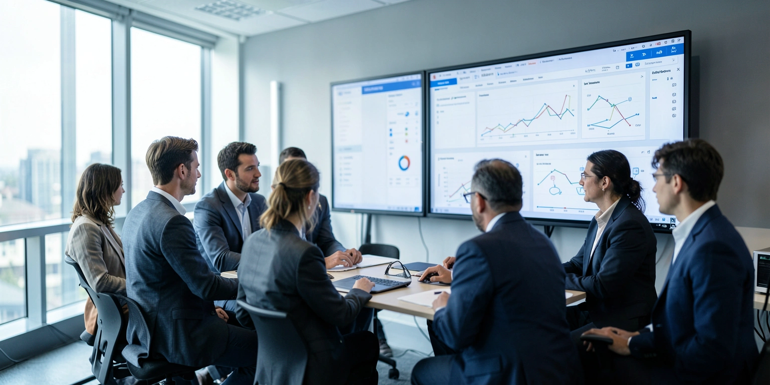 Business team reviewing analytics dashboards in a modern enterprise operations center