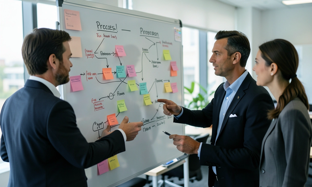 A team mapping and redesigning a workflow on a glass whiteboard during a planning workshop