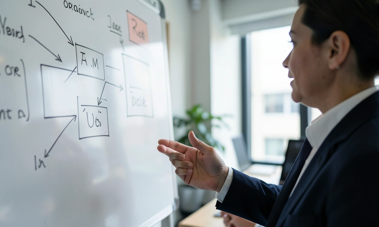 Business leaders working through an operating-model diagram on a whiteboard during a strategy session