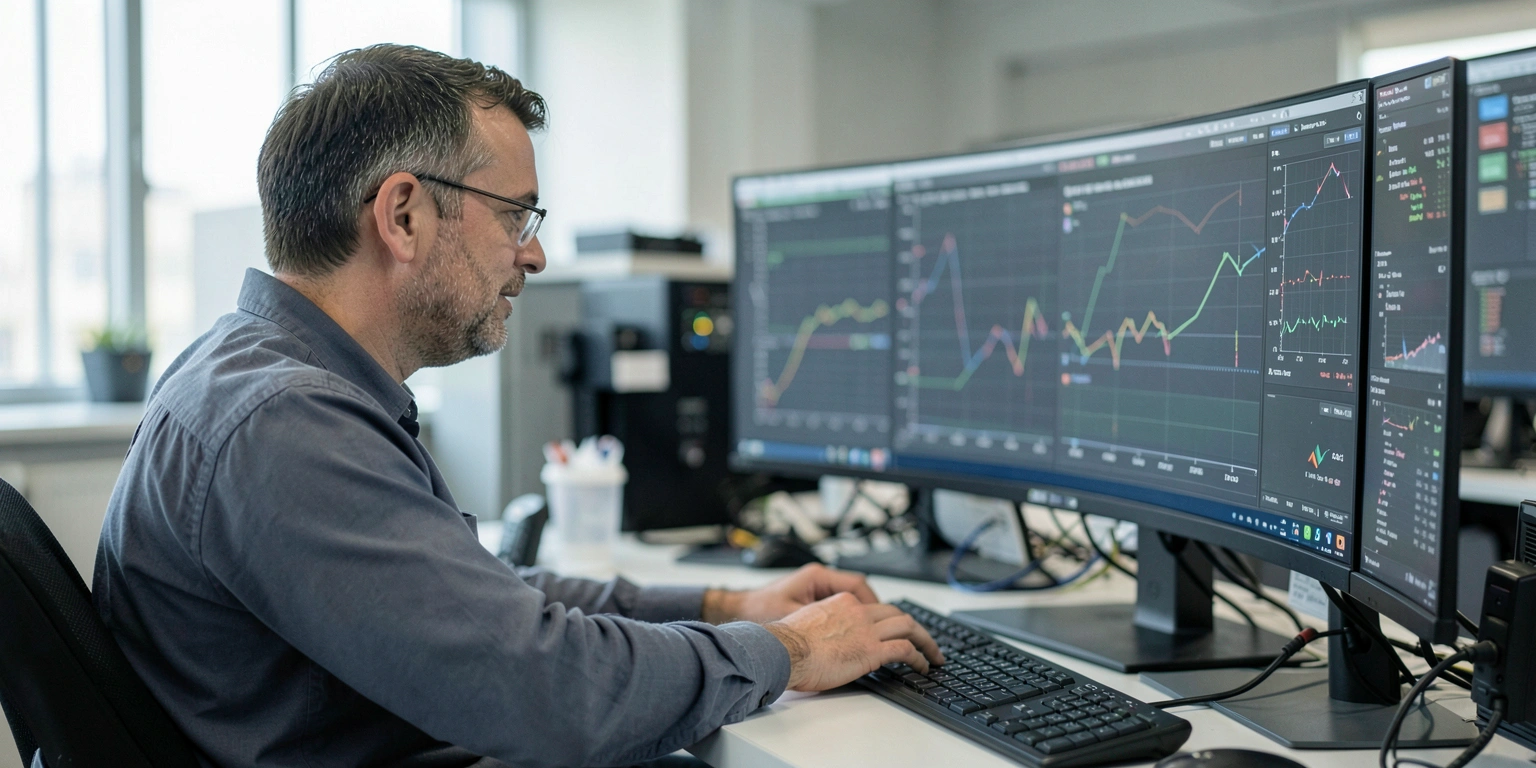 An engineer monitoring real-time performance and latency dashboards on large monitors