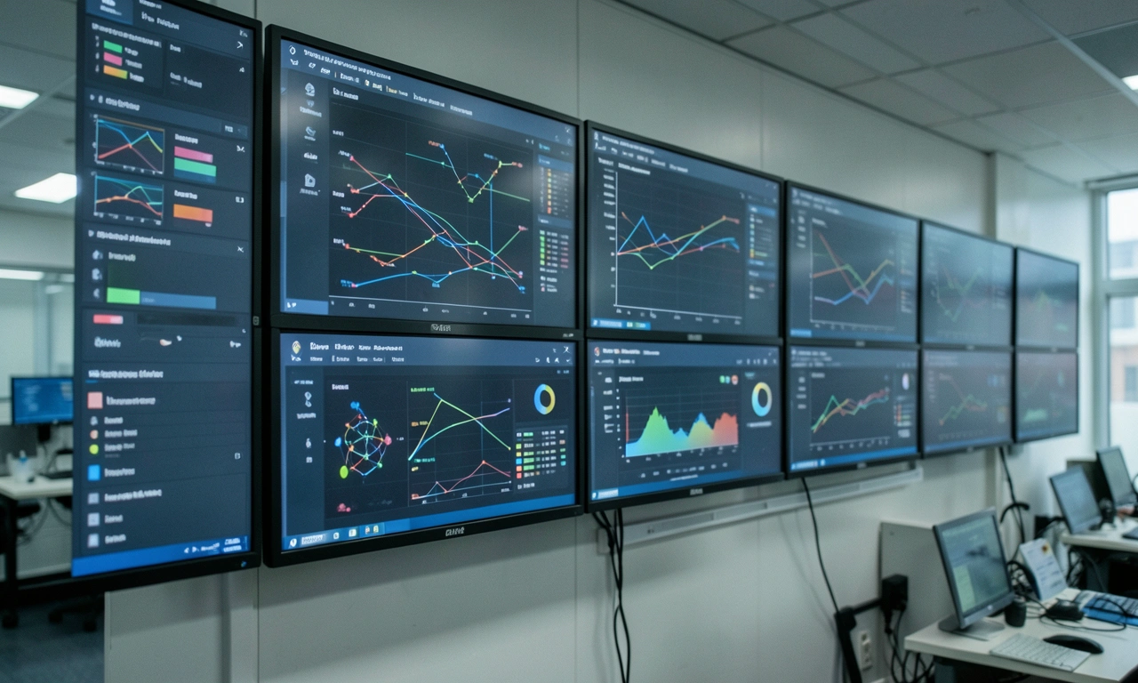A wall of monitors showing system dashboards in a modern operations center